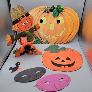 Vintage Halloween Decor Lot Scarecrow Table Display Jack O Lanterns Masks